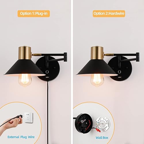 Miniatura 6 de Lámpara de pared con brazo oscilante, apliques de pared con enchufe ajustable, luz de lectura industrial vintage, luz de montaje en pared con