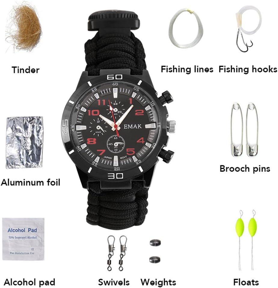 Survival Watch, 16 in 1 Paracord Universal Bracelet with Outdoor Camping Survival Rope, Fire Starter, Compass, Thermometer, Whistle, Fishing by Huaanlonguk
