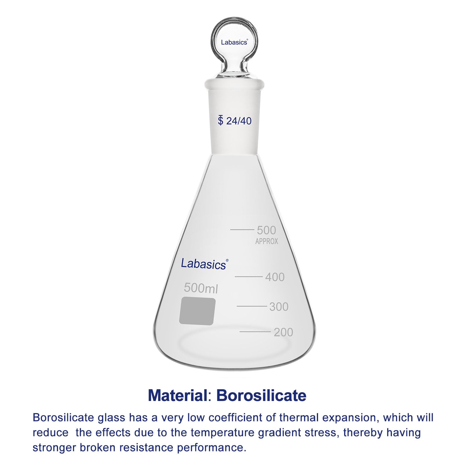 Labasics Flask Erlenmeyer in Vetro Borosilicato con Tappo a Giunto 24/40, Flask Conico per Miscelazione e Conservazione di Reagenti da Laboratorio, 500 ml
