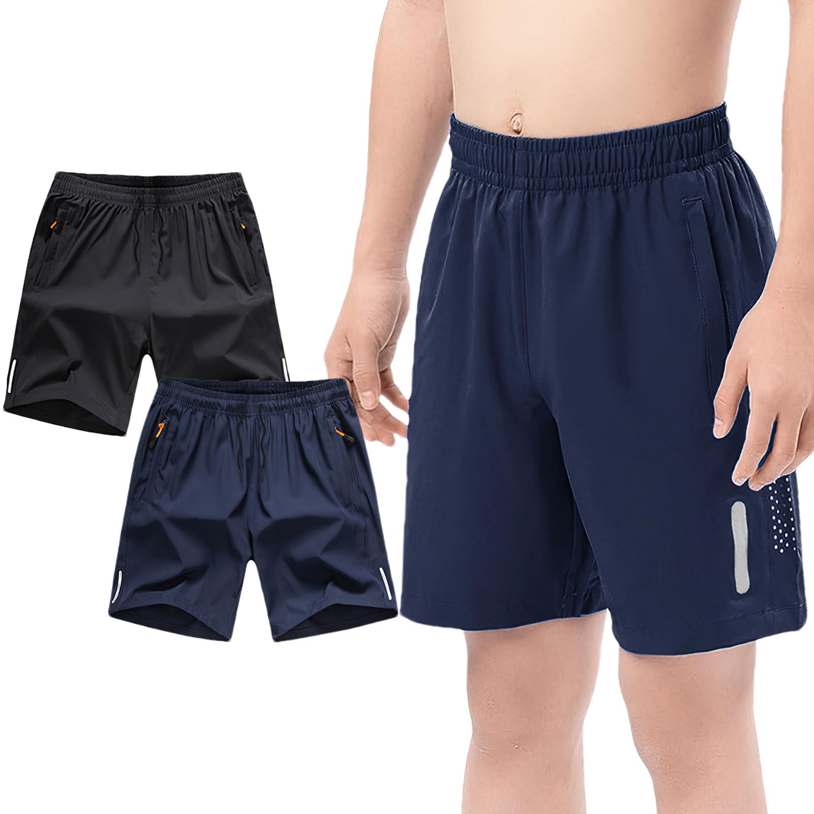 Garçons Lot de 2 Shorts de Sport Séchage Rapide Shorts de Running avec Poches Zippées et Bande Réfléchissante pour 4-13 Ans