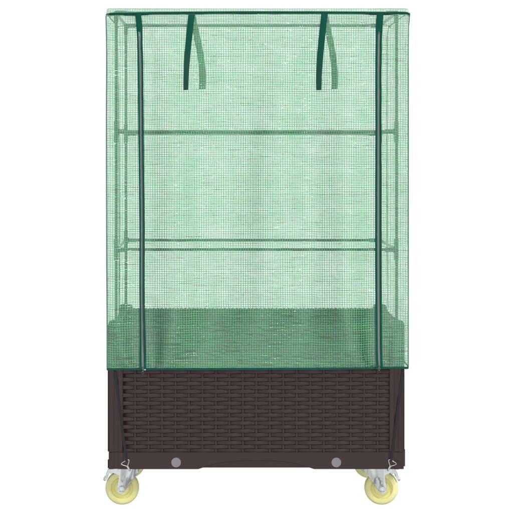 Aiuola rialzata con serra e ruote, effetto rattan