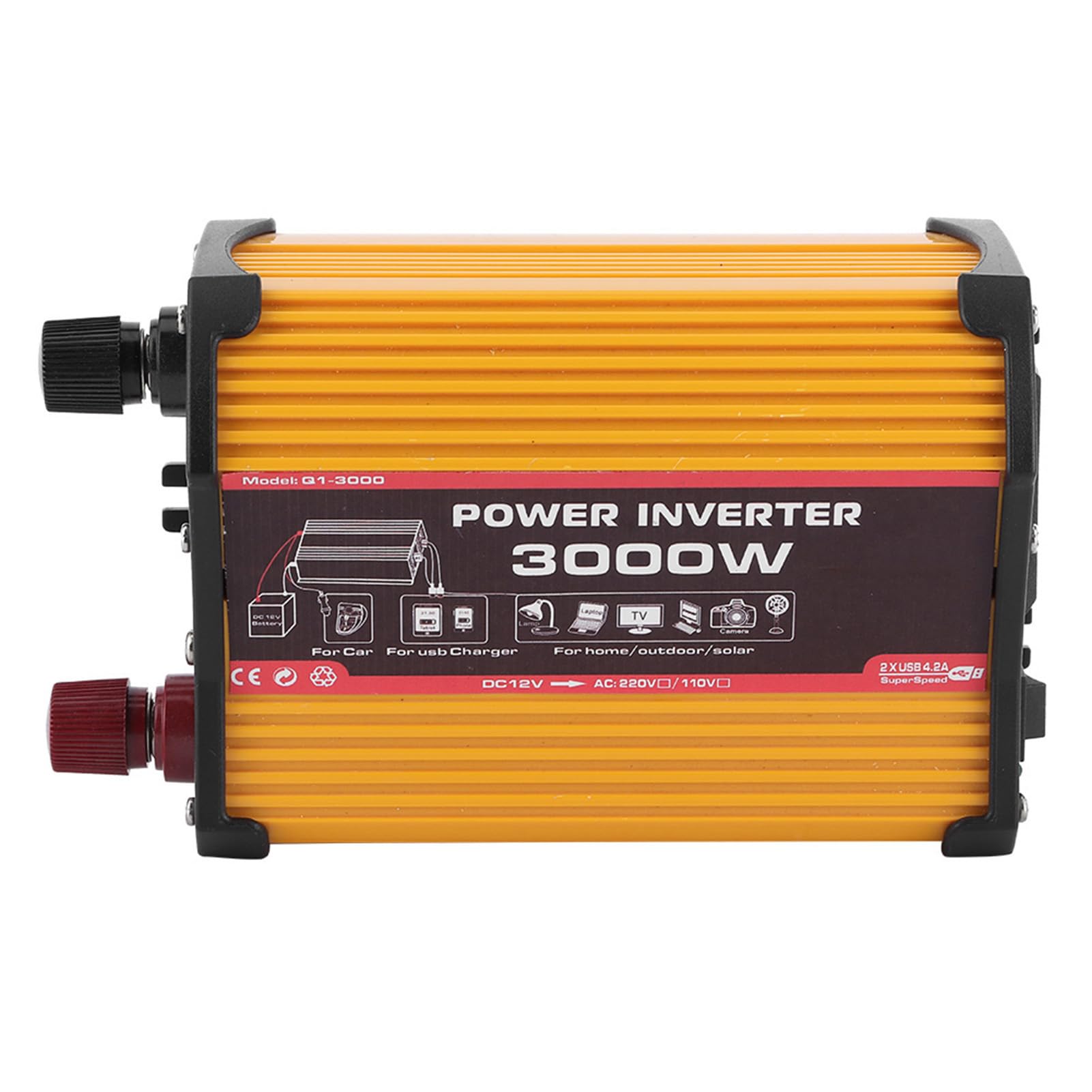 Convertidor de corriente de 3000 W, convertidor automático de CA modificado, adaptador de coche sinusoidal con doble puerto USB, salida de carga rápida (12 V a 110 V)