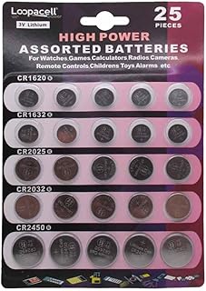 Loopacell High Power Button Cell 3V Lithium Assorted Battery CR2032 CR2025 CR2450 CR1620 CR1632, 25 Piece Set