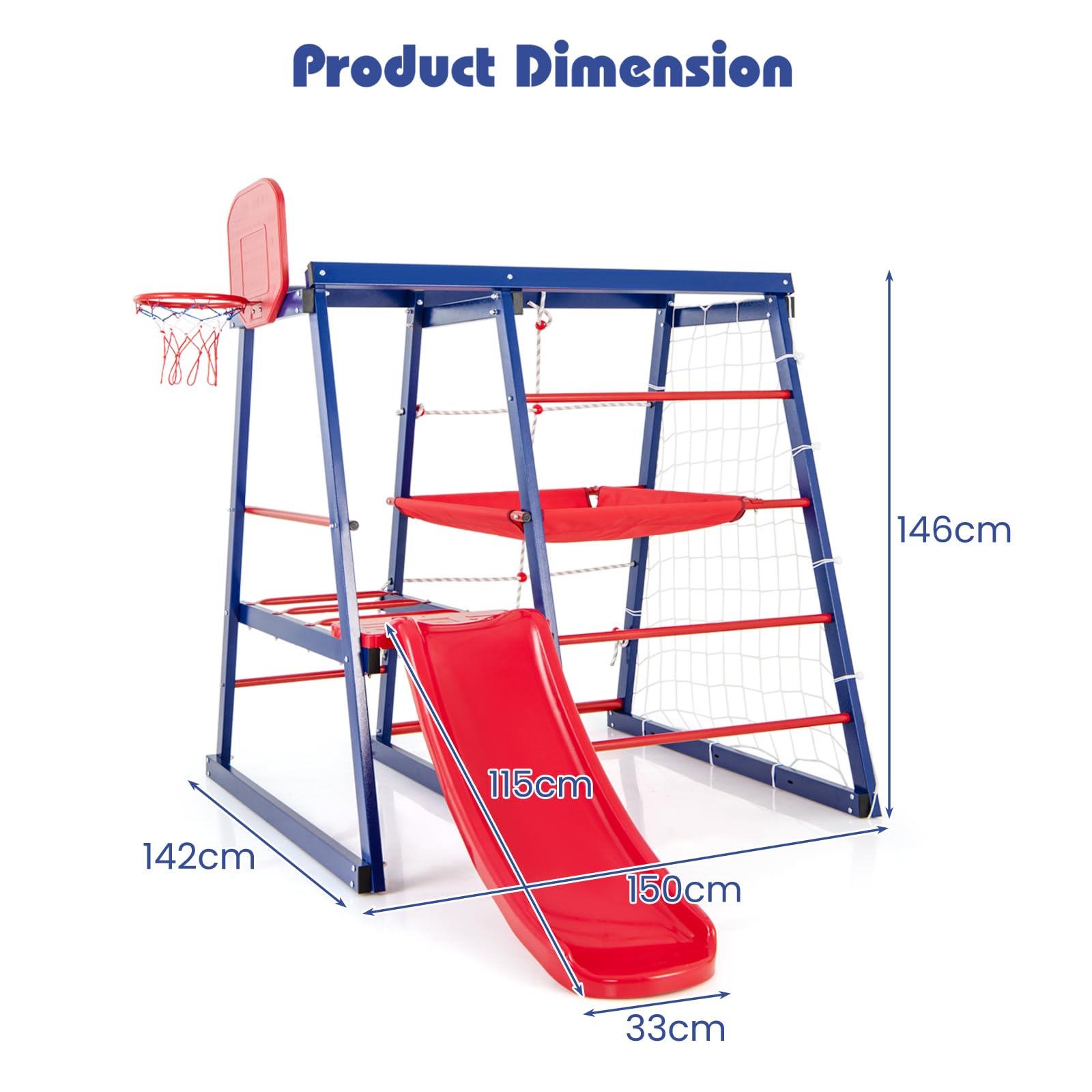 HOMASIS Parco Giochi per Bambini da Esterno con Scivolo, Scala per Arrampicarsi, Scala a Corda, Rete da Calcio, Canestro da Basket, Piattaforma in Tessuto, per Bambini da 3 a 7 Anni, 150x142x146cm