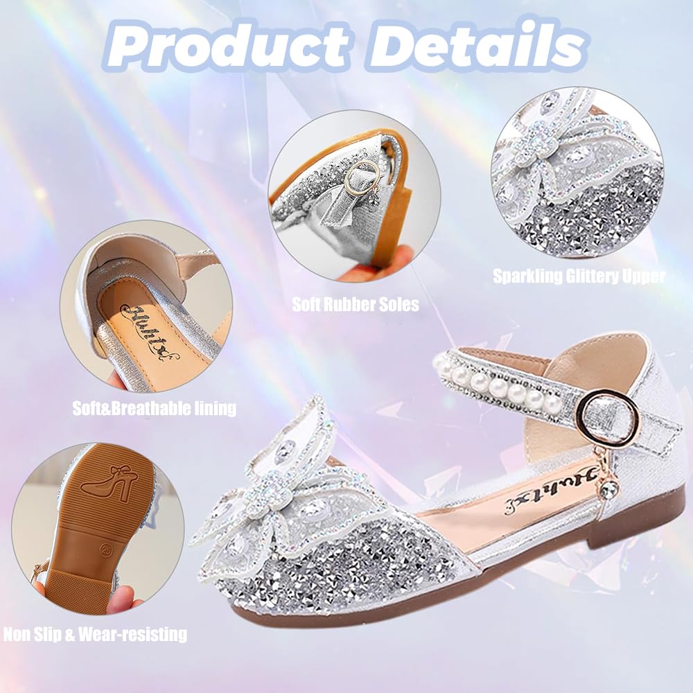 Mädchen Mary Jane Glitzer Prinzessin Schuhe Karneval Party Hochzeit Kinder Party Halbschuhe Flache Schuhe für Weihnachten Geburtstag Schulschuh Silber EU33