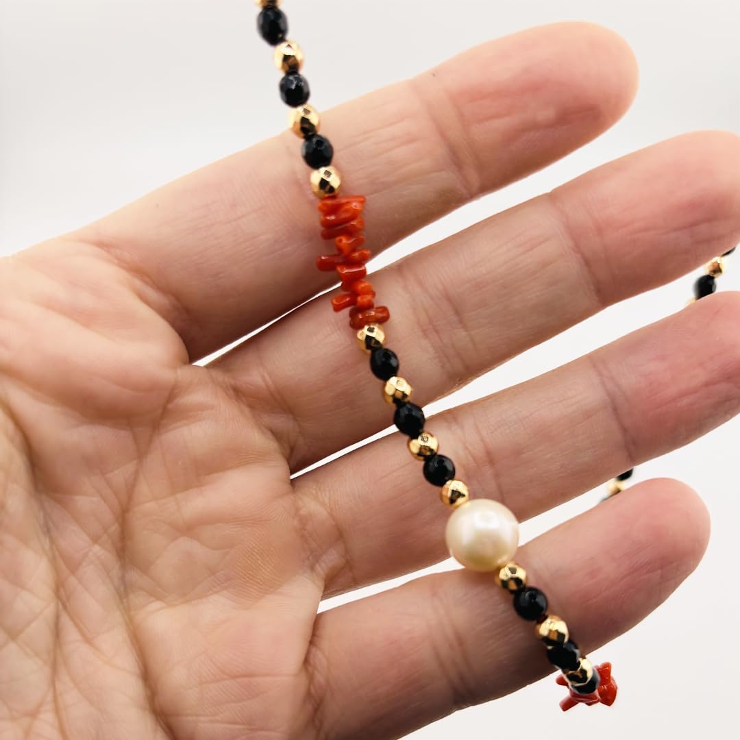 Generico Collana lunga 80 cm sfere in onice nero cupolini in corallo rosso naturale del Mediterraneo ematite e perla naturali di acqua dolce gioiello artigianale da donna ragazza