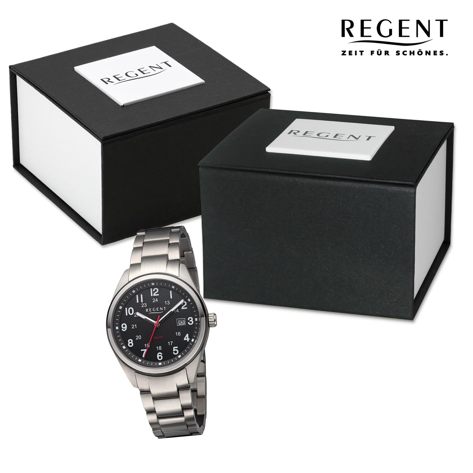 Regent Orologio da uomo solare in titanio con cinturino a maglie analogico, 10 ATM F-1537