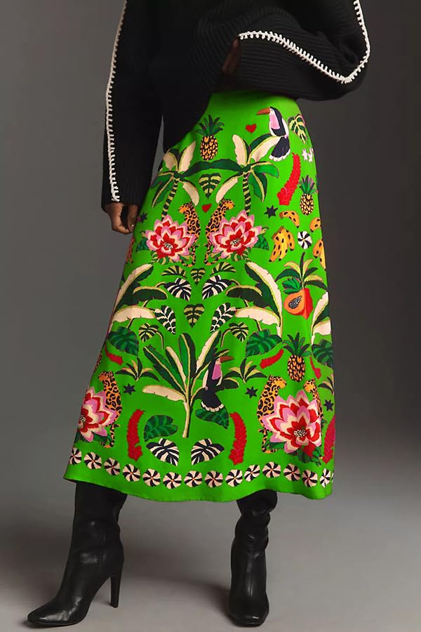 Women's Tropical Plant Print Midi Skirts Floral Zipper A-Line Spring Summer Casual Boho Beach Travel Skirts2