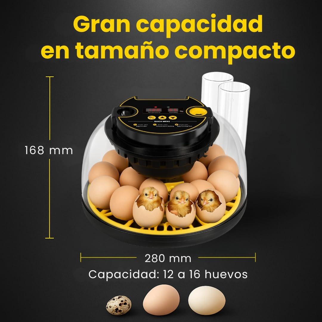 INCUBADORA HUEVOS AUTOMÁTICA Para Todo Tipo De AVES| 12-16 Huevos| Control Automático De Temperatura, Humedad| Incluye Calendario,Comedero,Bebedero y Guía|Sin baterías,alimentación por enchufe 35W