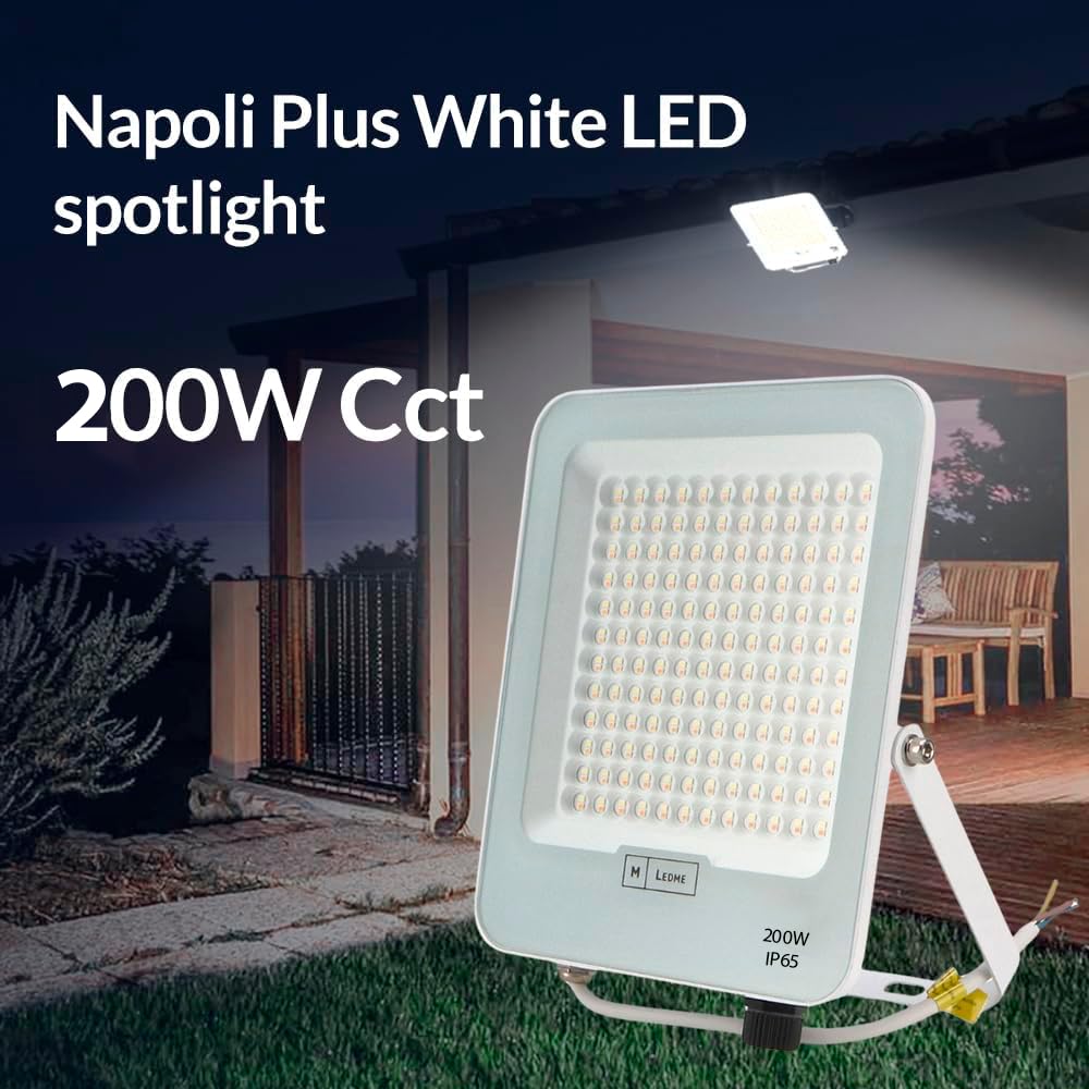 M Ledme - Projecteur LED Napoli Plus Blanc 200W, Protection IP65, Dimmable Lumière Froide à la Lumière Chaude 2700K-6500K, Éclairage Extérieur, Pour utilisation dans les jardins, patio, entrepôts
