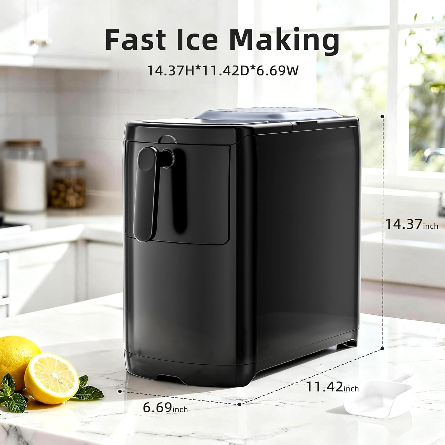 Electactic Countertop Ice Maker Machine 18lbs/24H, 6-Min Fast Bullet Portable Ice Maker, 6.69” Slim Space-Saving with Auto-Drain Drawer, Self-Cleaning, Scoop for Kitchen RV, Black view 5