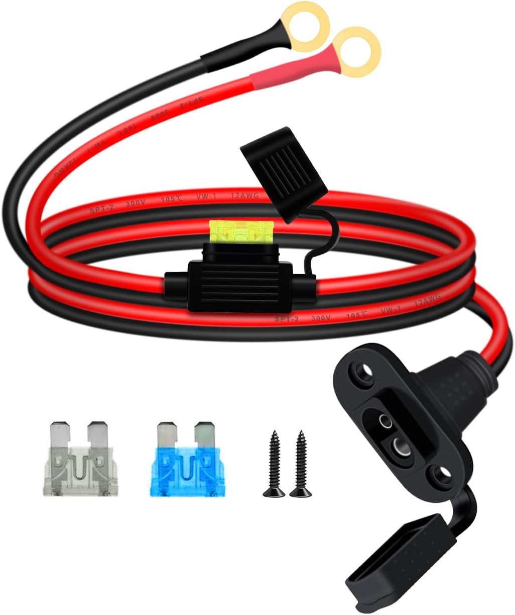12AWG SAE Power Socket Sidewall with O Ring 8mm SAE Sidewall with Inline Fuse and O Rings 25A, for Charging Motorcycles Tractors Cars (12 AWG, 0.6 m)
