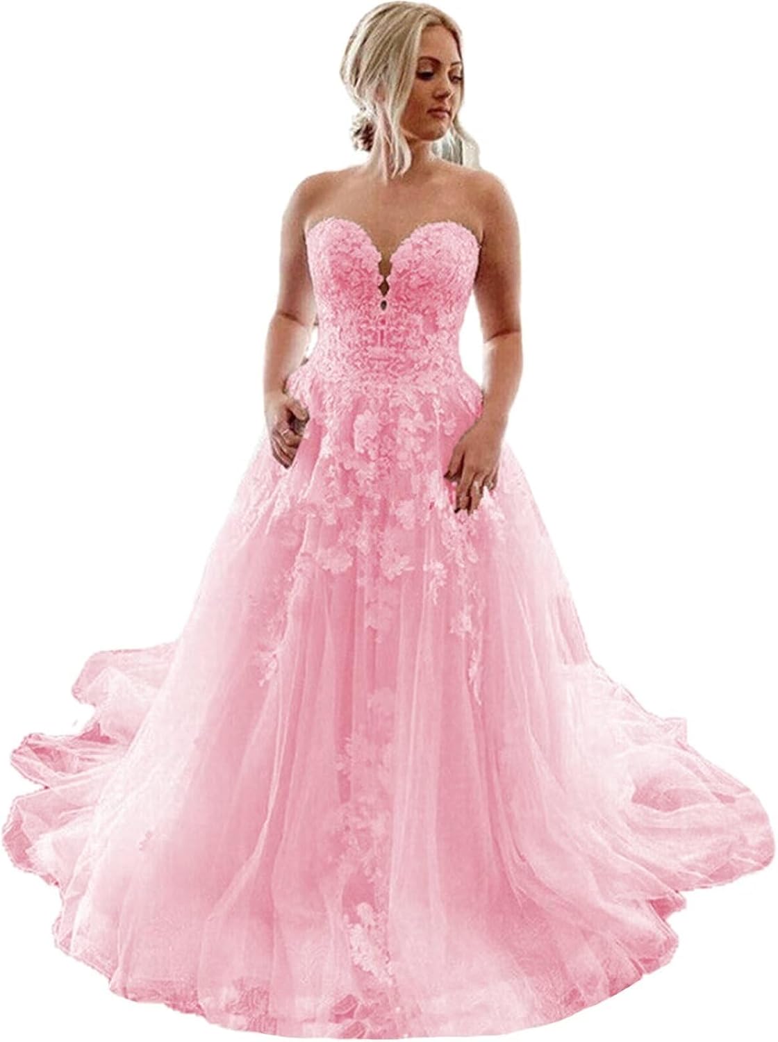 strapless open back dress A-line Sweetheart Strapless Pink Long Tulle Wedding Dress – Pgmdress main image 0