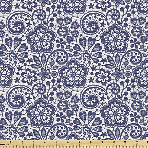 Ambesonne Victorian Fabric by The Yard, Lace Style Pattern with Graphic Needlecraft Motifs Classic Gothic Ornament, Decorative Fabric for Upholstery and Home Accents, 3 Yards, Blue Coconut