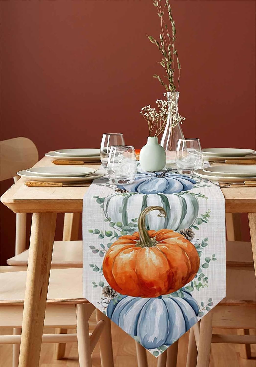 Thanksgiving Table Runner,Watercolor Fall Pumpkin Seasonal Holiday Burlap Tabletop Dresser Scarves Eucalyptus Leaves Kitchen Dining Tables Decoration for Home Indoor Outdoor Party,13x60 Inches