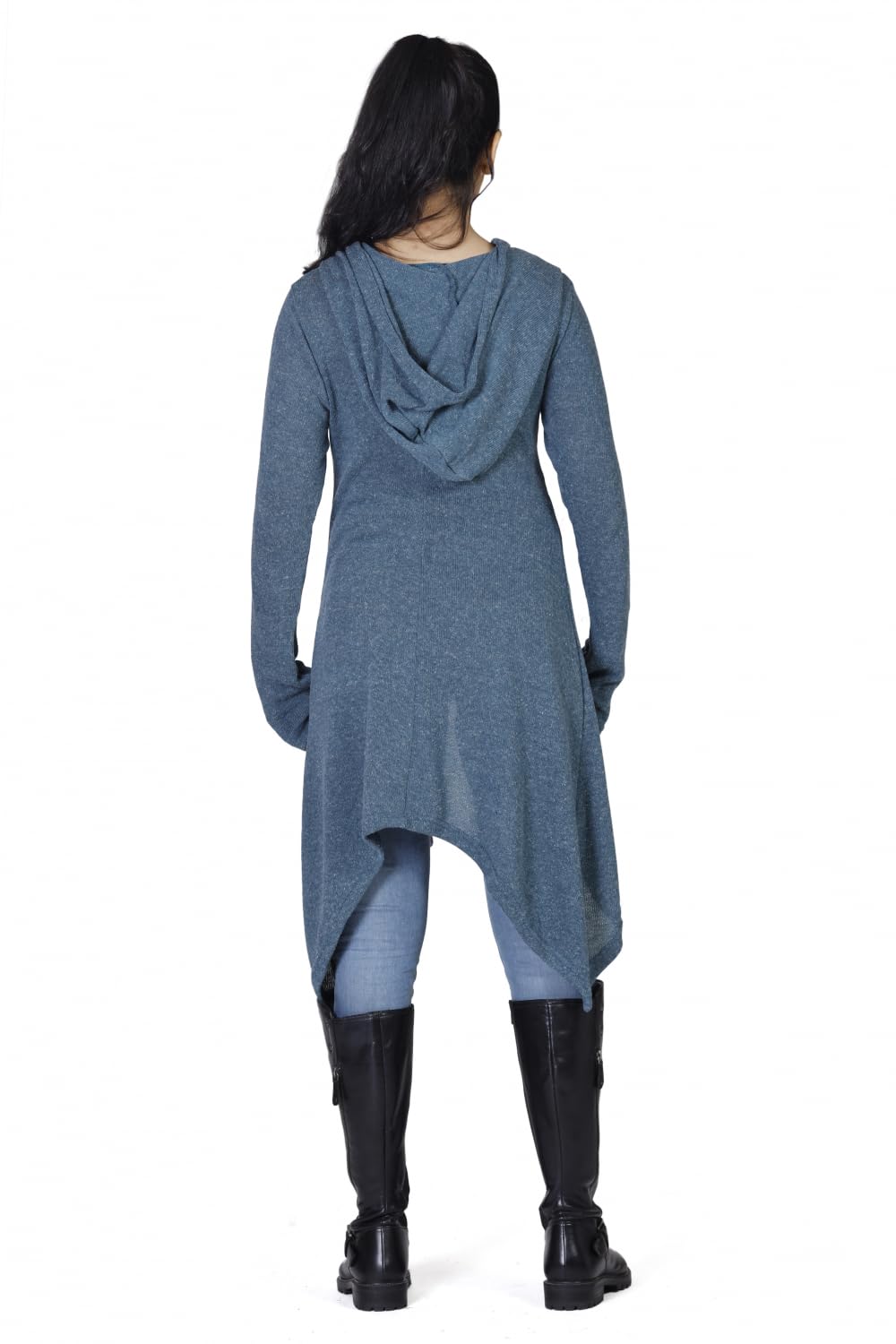 GURU SHOP Lange Strickjacke, Strickmantel mit Kapuze, Damenmode, taubenblau | Legere Passform, Baumwolle, Daumenloch, übergroße Kapuze, angenehm zu tragen