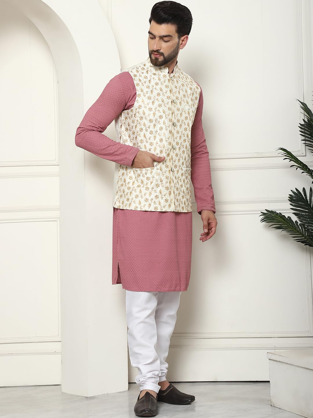 Sojanya (Since 1958 Men's Pure Cotton Coral Kurta And White Pyjama With Cream Embroidered Nehru Jacket