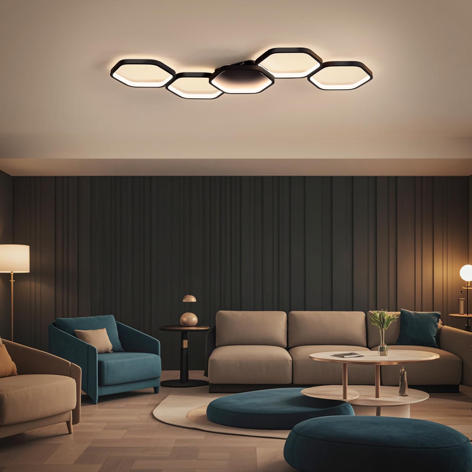 Yuanfenghua LED Deckenleuchte, Deckenlampe Dimmbar mit Fernbedienung Farbwechsel, Wohnzimmerlampe Schlafzimmer moderne Deckenbeleuchtung Kronleuchter Lampe, 90cm, Schwarz