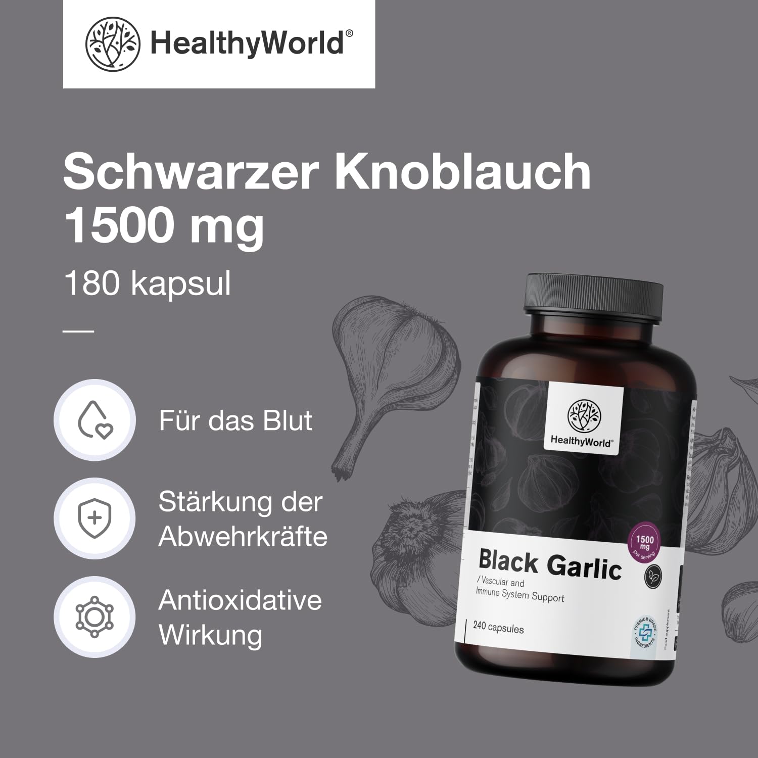 HealthyWorld Schwarzer Knoblauch 1500 mg - 180 Kapseln - Knoblauchextrakt 25:1-20% Polyphenole - Ohne Geruch und unangenehmen Geschmack- Für mehr als 3 Monate - Für das Immunsystem