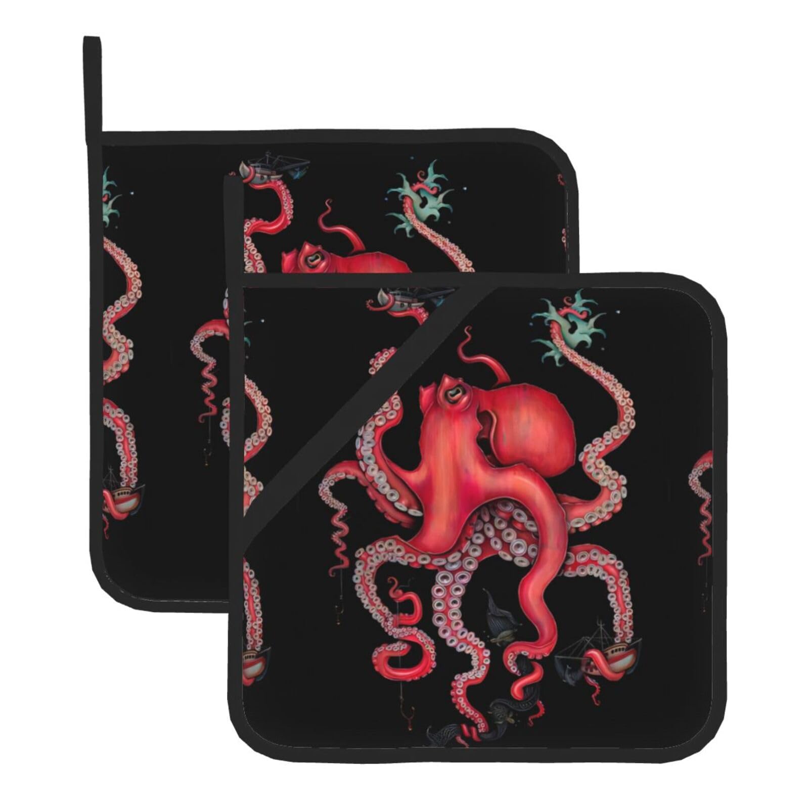 WHJSHOP Octopus Intertwined Prints Square Hot Pads for Kitchen - Waterproof Pot Covers with Hanging Loops - Thick Heat Resistant Trivets for Serving & BBQ, 2-Piece Set