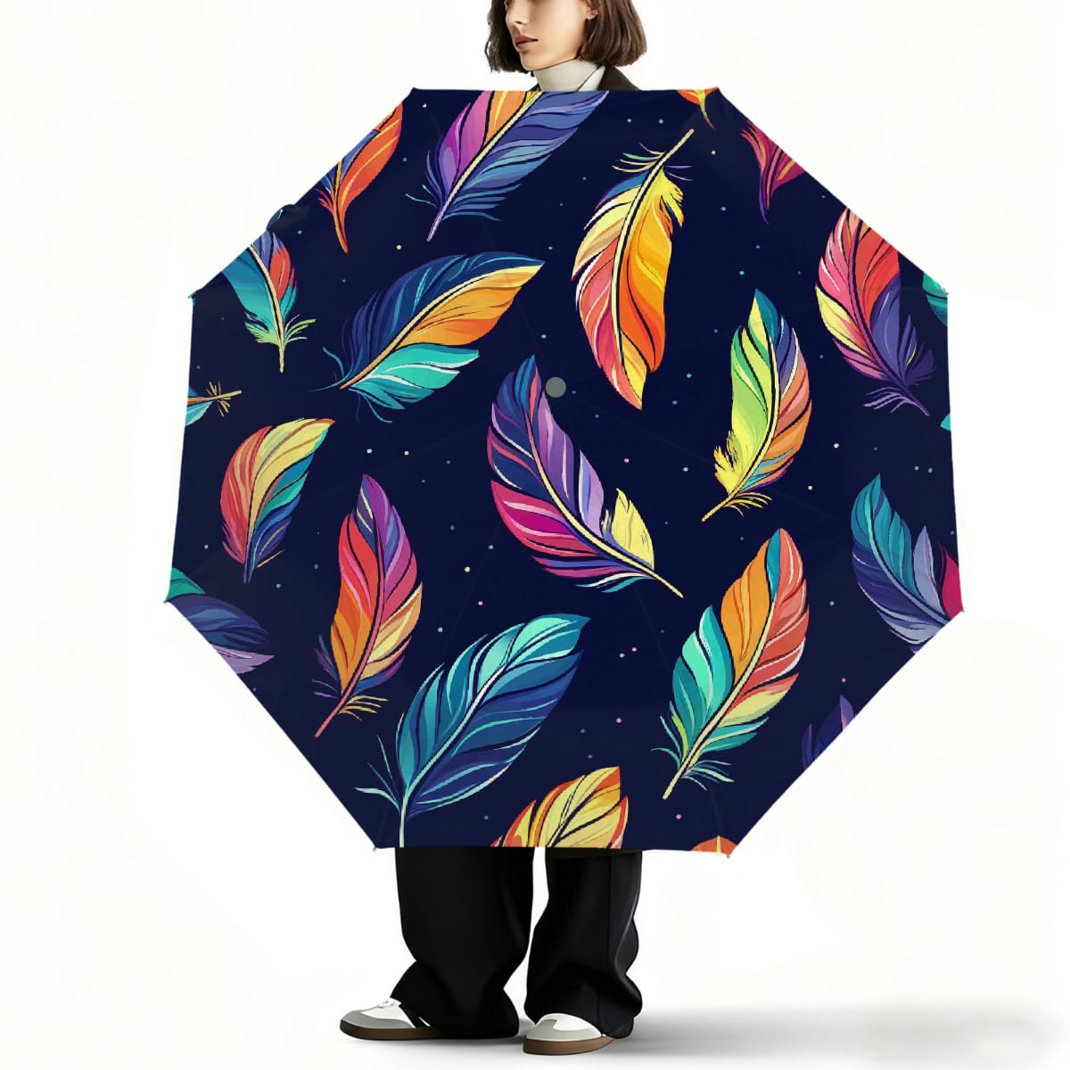 Ombrello pieghevole con piume colorate, ombrello da viaggio, compatto, antivento, impermeabile, con protezione UV, rivestimento nero, leggero, 8 costine, portatile, per pioggia e sole