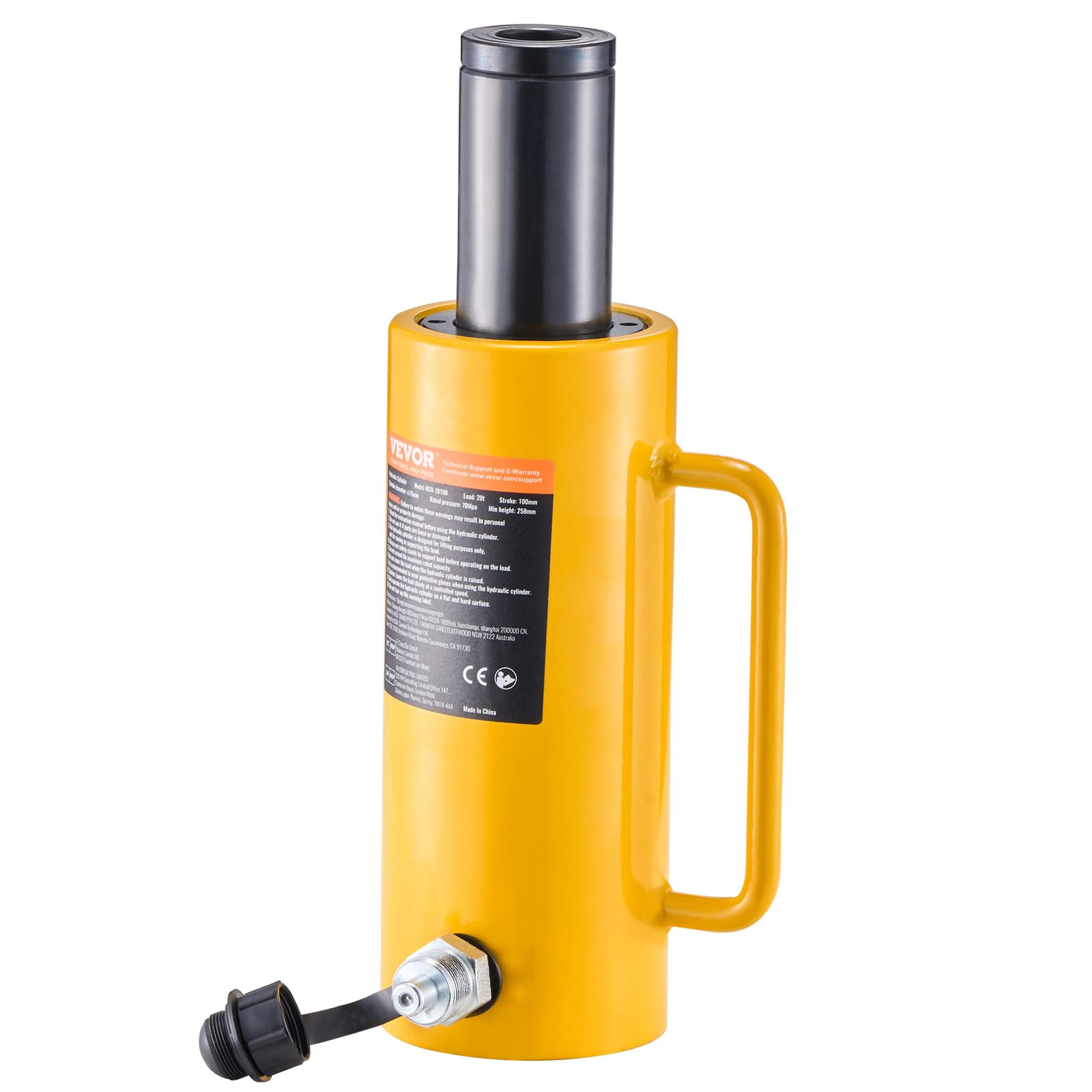 VEVOR Podnośnik cylindra hydraulicznego o pojemności 20T, cylinder hydrauliczny 100 mm, jednostronnie działający, przenośny, żółty, hydrauliczny podnośnik samochodowy 44000 kg, podnośnik tłokowy