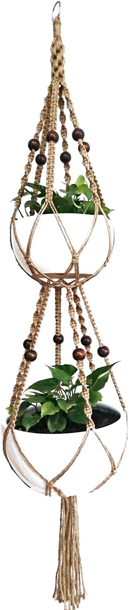 6 Legs Macrame Plant Hanger Natural Jute Double Plant Hanger & Holder with Metal Ring and 12 pcs Round Brown Wood Bead, 65-inches Length (Without the white pot and plant)