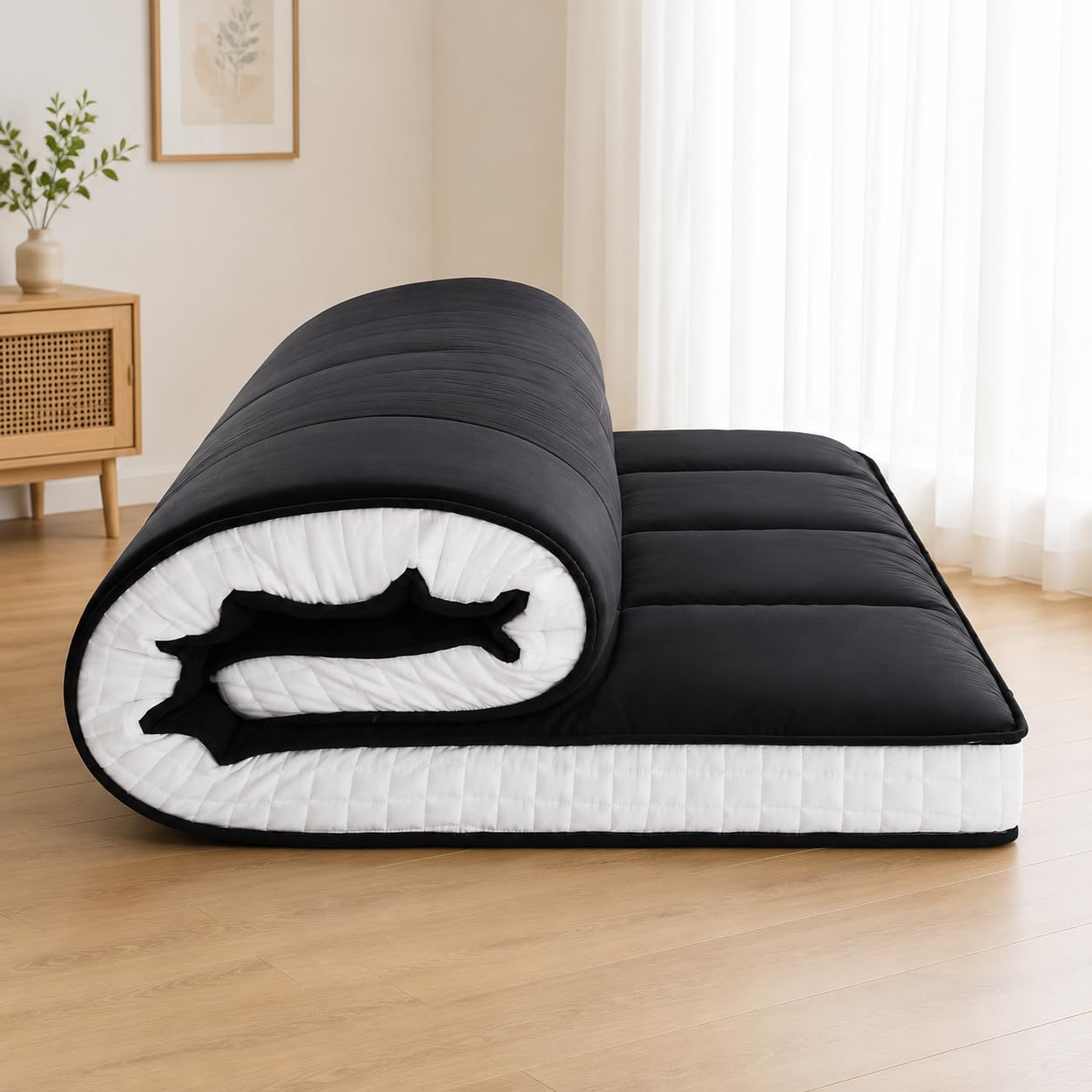 Futon Matratze 153x203cm Klappmatratze - 10cm dick Japanische Klappmatratze, Futon Gästebett, Bodenmatratze, Tragbar Matratze Faltbar für Tatami, Schlafsälebett, Camping, Wohnmobil - Schwarz