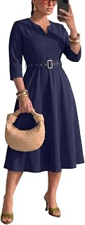 Ekaliy Women's A-Line Dress 3/4 Sleeve Work Formal Midi Dress with Belt | 2026 midi dress, belt,side pockets,3/4 sleeves,back zipper,Ideal for church work wedding guest semi formal dress