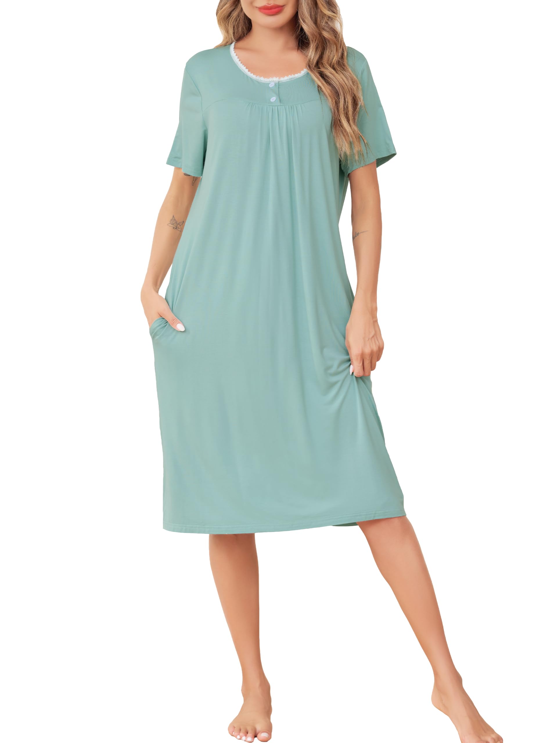 Sopesil Camicia da Notte Donna in Modale Camicie da Notte Estive con Manica Corta e Scollo Tondo con Pizzo e Bottoni Vestaglia Donna Taglio Ampio,S-XXL