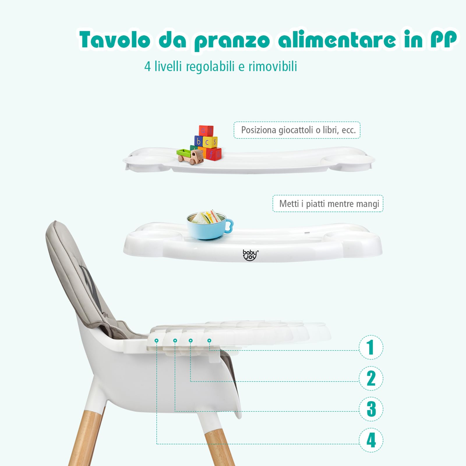 COSTWAY 4 in 1 Seggiolone Pappa, Seggiolone Evolutivo per Neonati Convertibile, con Cintura di Sicurezza, Vassoio Rimovibile, per Bambini 6-36 Mesi (Grigio)