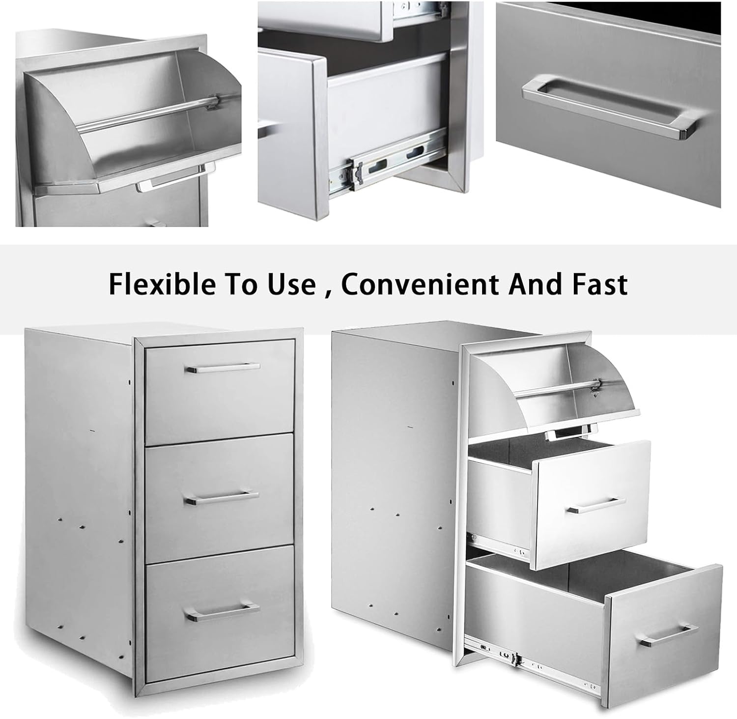 Outdoor Kitchen Drawers 17"" W x 30"" H x 21"" D, 2-Drawer w/Paper Towel Holder Drawer Combo, Flush Mount Access 3 Drawer for Outdoor Kitchen Island