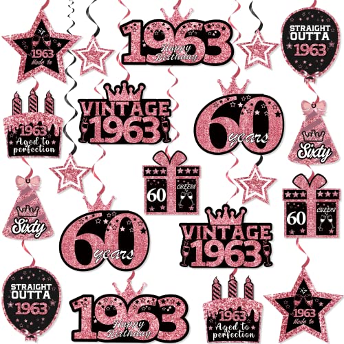 40Pcs Rose Gold 60th Birthday Decorations Women Hanging Swirls, No-DIY Happy 60th Birthday Decorations 60 birthday decorations for women Vintage 1963