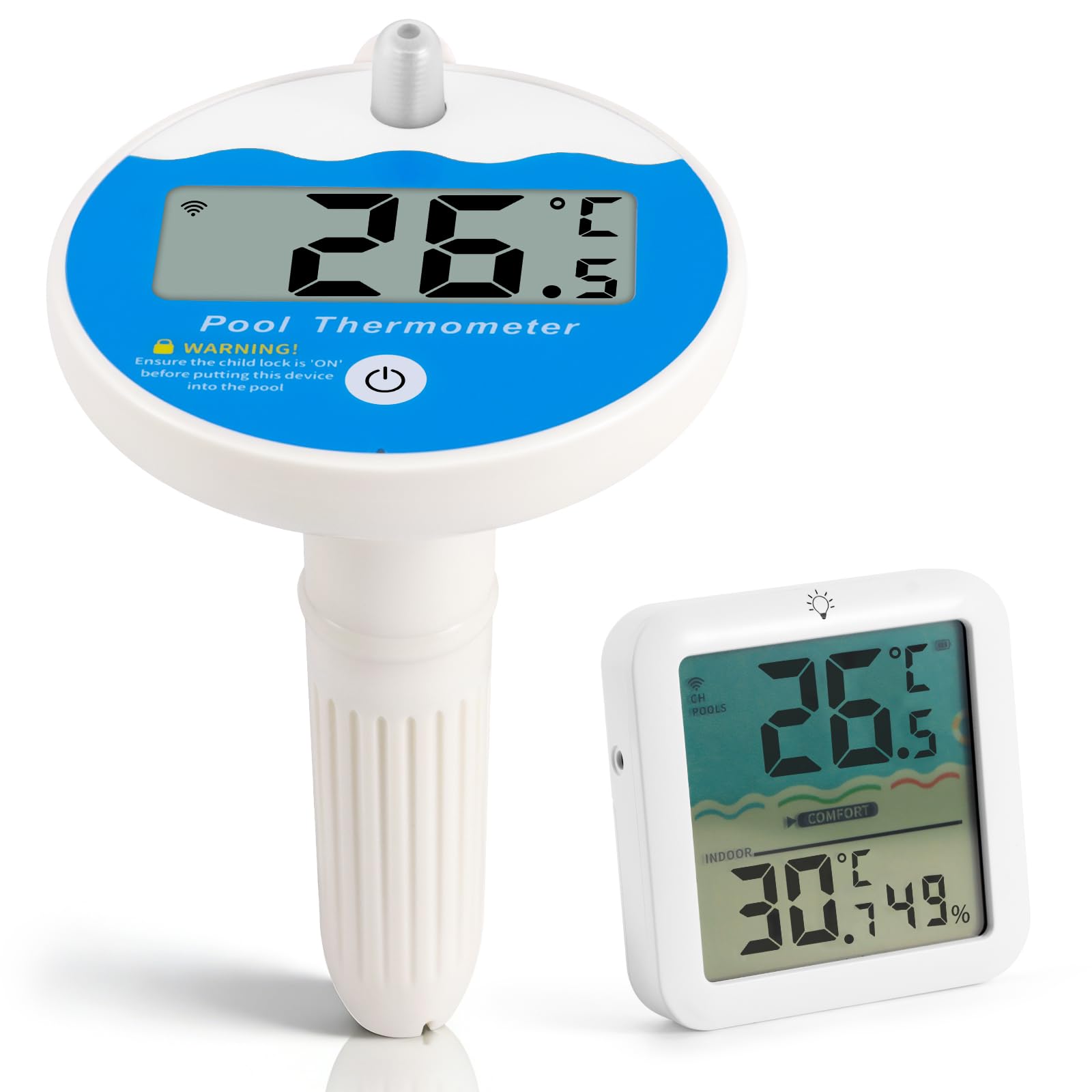 ALLOMN Termómetro digital para piscina, termómetro flotante para piscina, termómetro de piscina inalámbrico con estanqueidad IP68 para interior y exterior, medidor de temperatura del agua para bañera