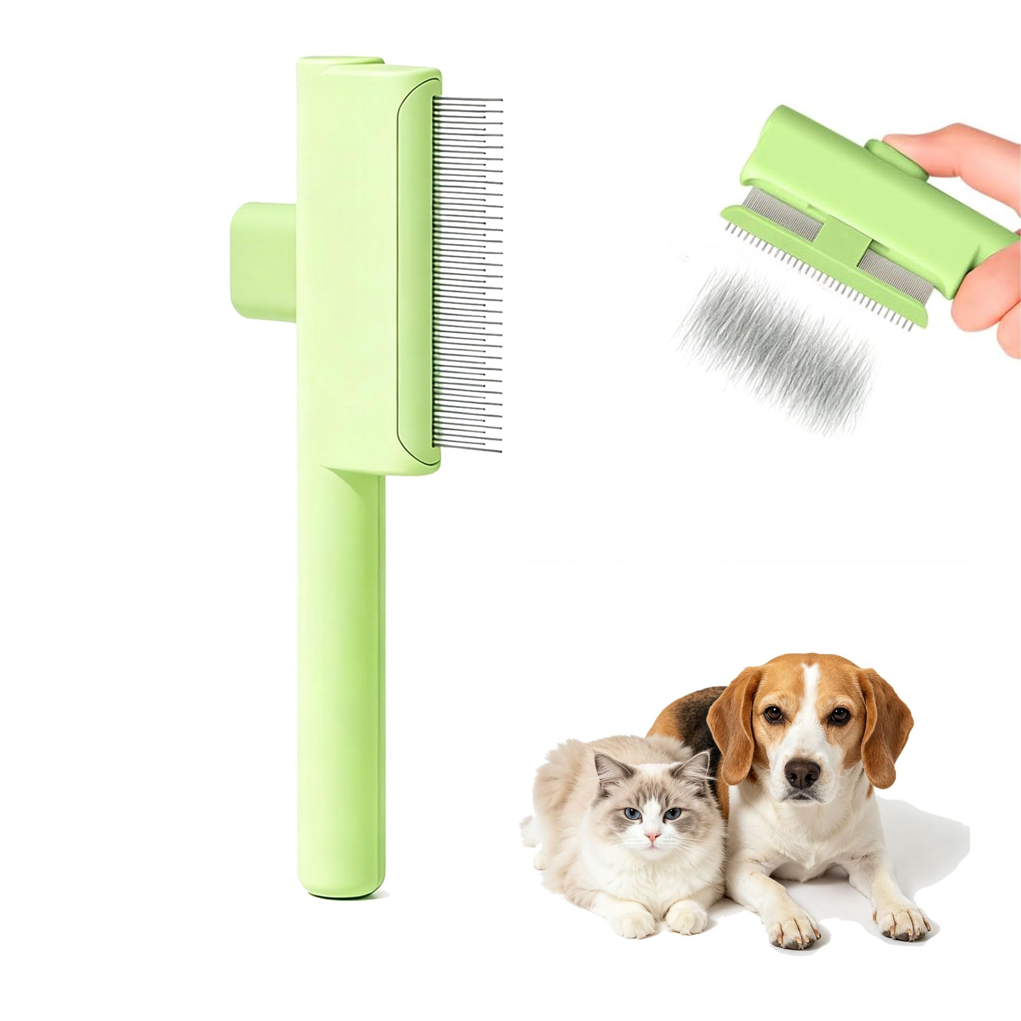 Cepillo para gatos, Peine Autolimpiante, Rápido y Fácil de Usar, con Dientes Metálicos Largos y Cortos de Acero Inoxidable, botón de disparo, para pelo largo y corto, Pelo Muerto y Nudos(verde)