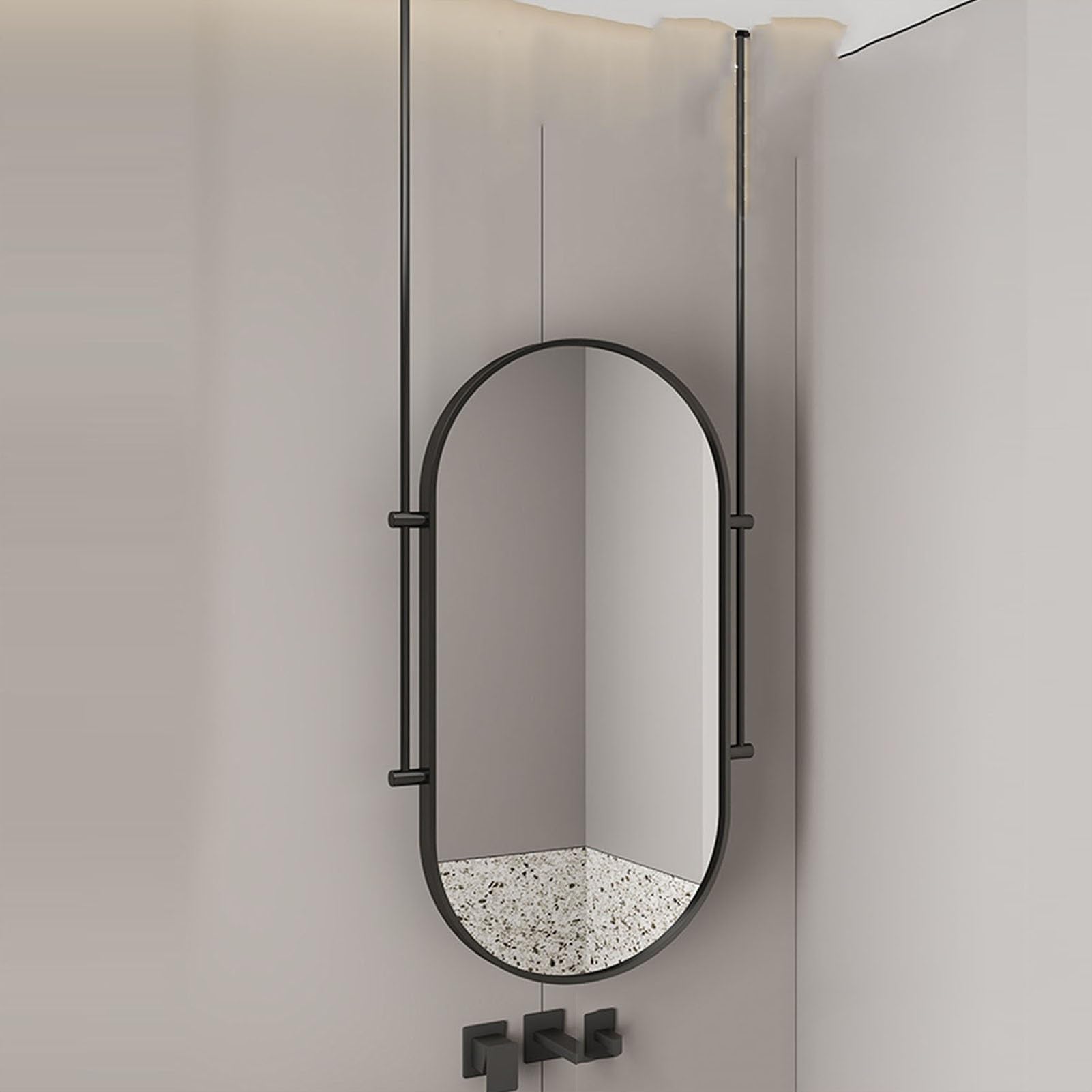 Owalne, czarne, metalowe lustro sufitowe, wiszące lustro do makijażu w łazience, do domu i hotelu (50 x 100 cm)
