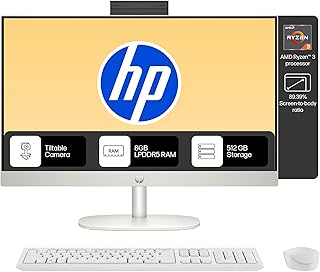 HP All-in-One 24, AMD Ryzen 3 7320U,8GB LPDDR5, 512GB SSD (Win11,Office24,White) Anti-Glare, FHD, 23.8inch(60.5 cm), 510SP White Wireless Keyboard and Mouse Combo,Radeon Graphics, 5.27kg,24-cr0014in