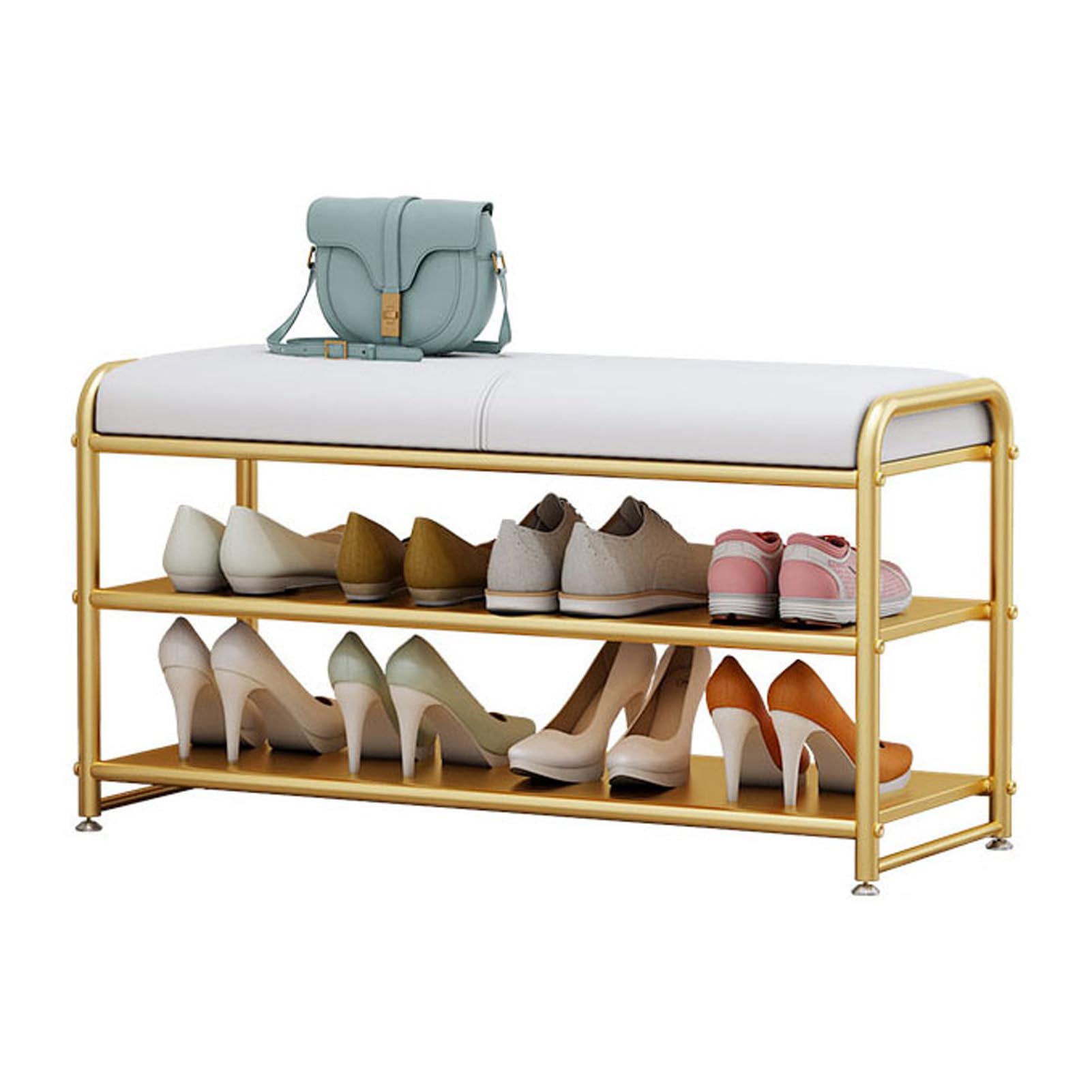 Banc d'entrée avec jambes or et rangement à chaussures intégré sur 3 niveaux en cuir