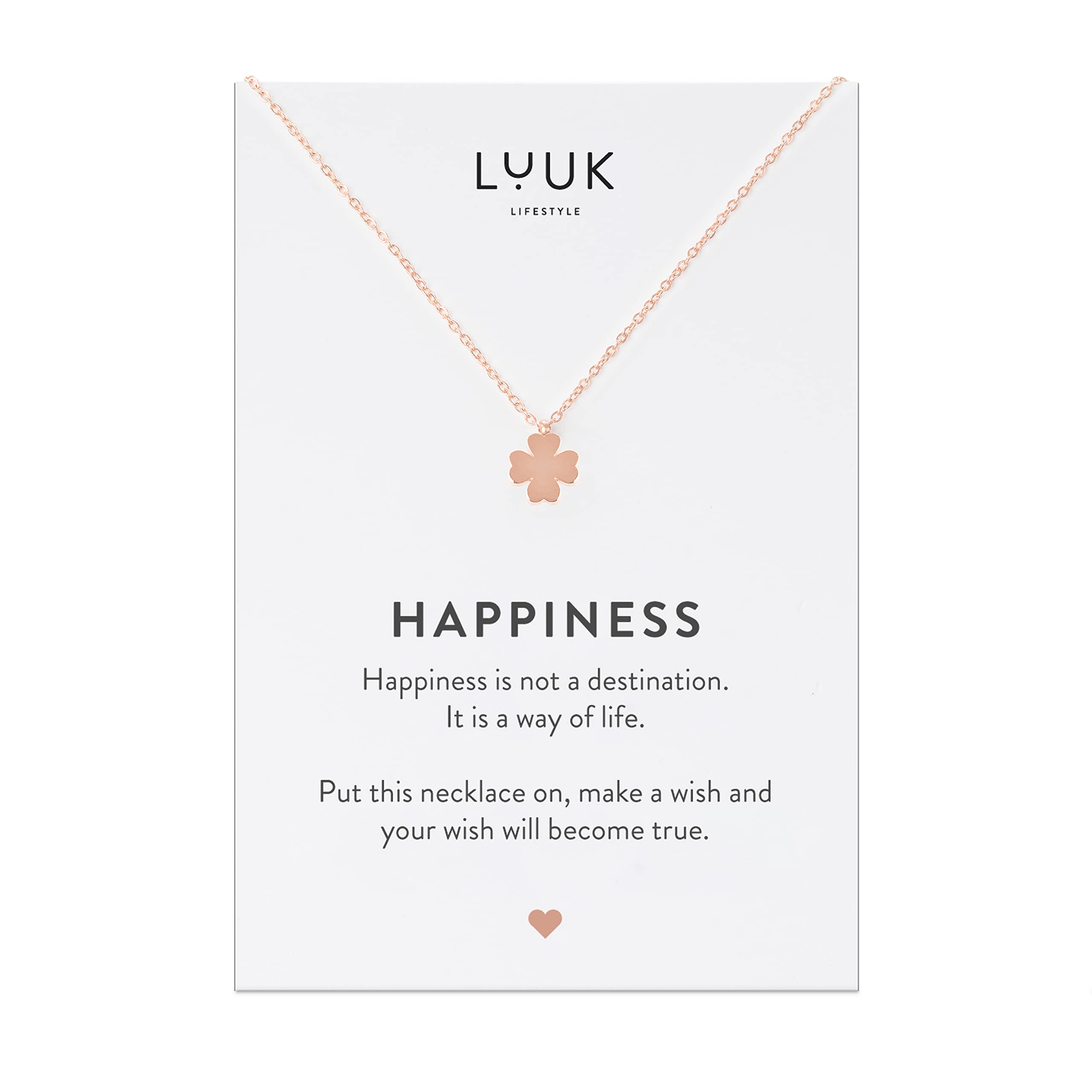 – Stainless steel necklaces for women with pendant, trendy jewellery card with Happiness saying, lucky charm, friendship gift, women's jewellery, trendy, silver, gold and rose