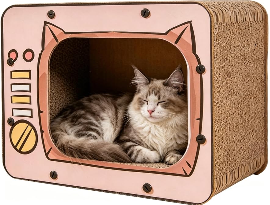Cat Scratcher House TV Shape Corrugated Bed -Scratcher House Cat Cardboard House Scratching Board for Furniture Protector Enrichment Play Exercise Boredom Kitten Small Animals Indoor (Pink) - Pink