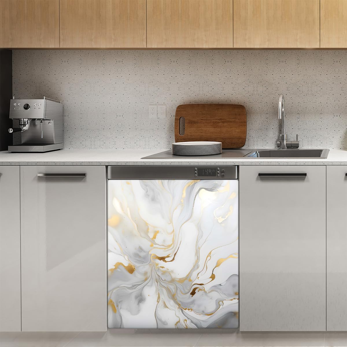 Dishwasher Magnet Cover White Golden Marble Print Reusable Dishwasher Magnetic Cover Sticker Decorative Dish Washer Door Covers Panel for Home Kitcen Appliance