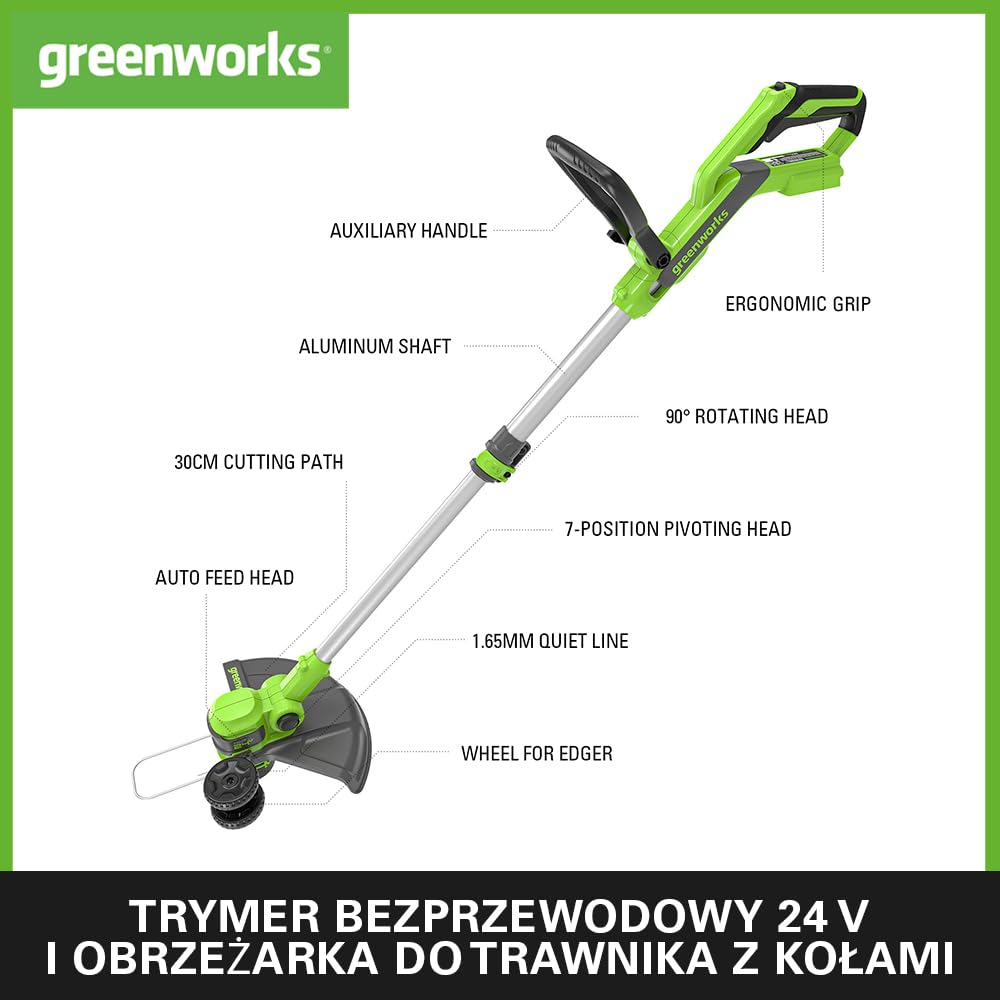 Greenworks G24LT30K2 Akumulatorowa Podkaszarka do Małych i Średnich Ogrodów, Szerokość Cięcia 30 cm, Automatyczny Wysuw Żyłki Nylonowej 1,65 mm, Bateria 24V 2Ah i Ładowarka