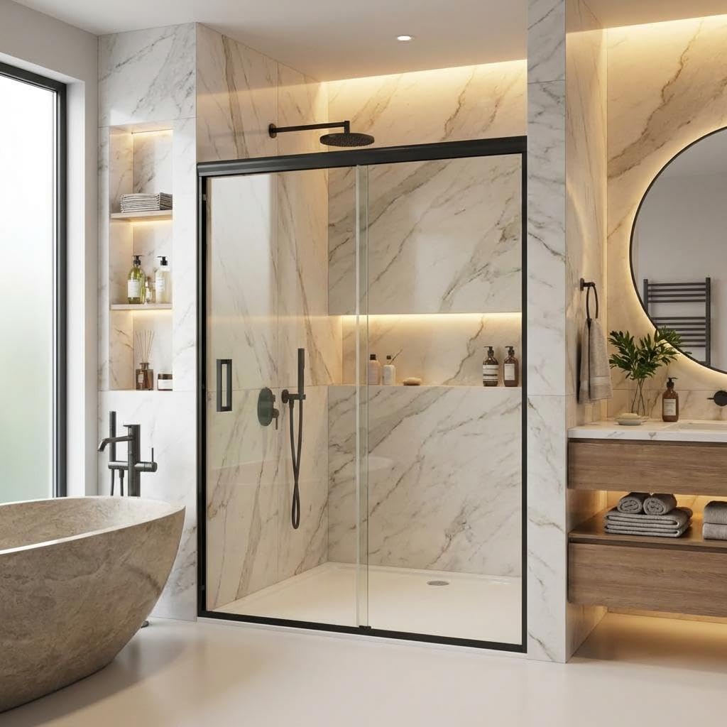 44-48" W x 72" H Sliding Shower Door, Bypass Single Sliding Design with 1/4" (6mm) SGCC Tempered Glass, Easy-Clean Coating, Brushed Nickel Finish with Matte Black Aluminum Alloy Track