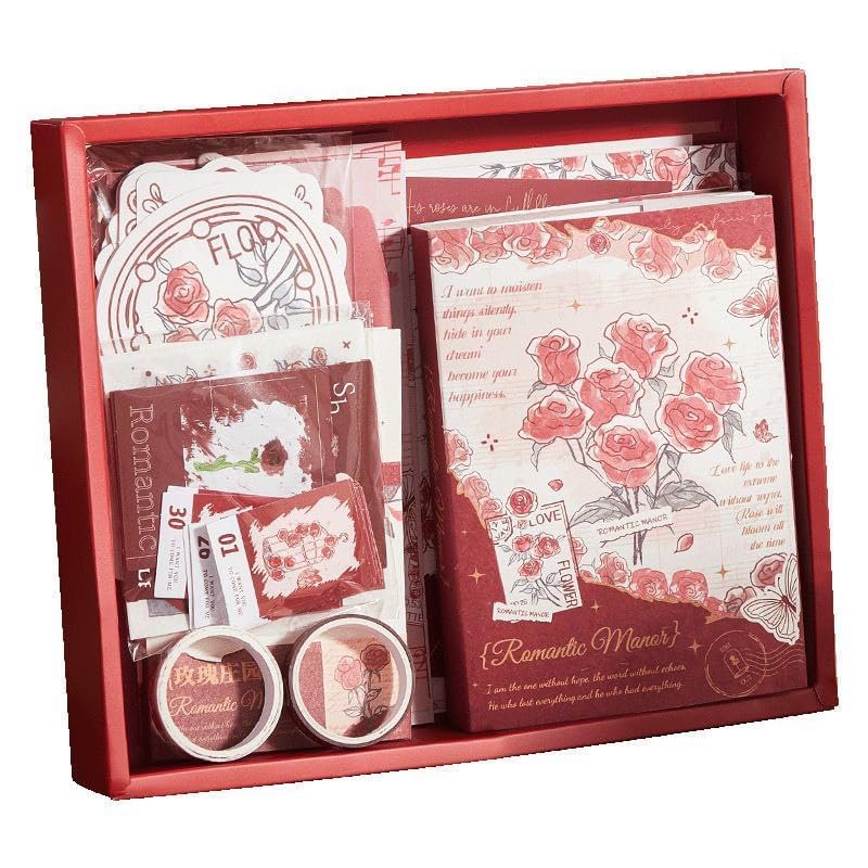 Leelavanti 346 Pcs Vintage Scrapbook Kit Aesthetic Junk Journal Set with Stickers, Washi Tape & A6 Notebook with Decorative Paper Stationery (Romantic Manor Love-Red)-image-34