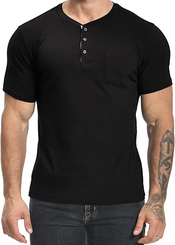 Miniatura 4 de MLANM Mens Fashion Henley Shirts Short Sleeve Button Cotton T-Shirt