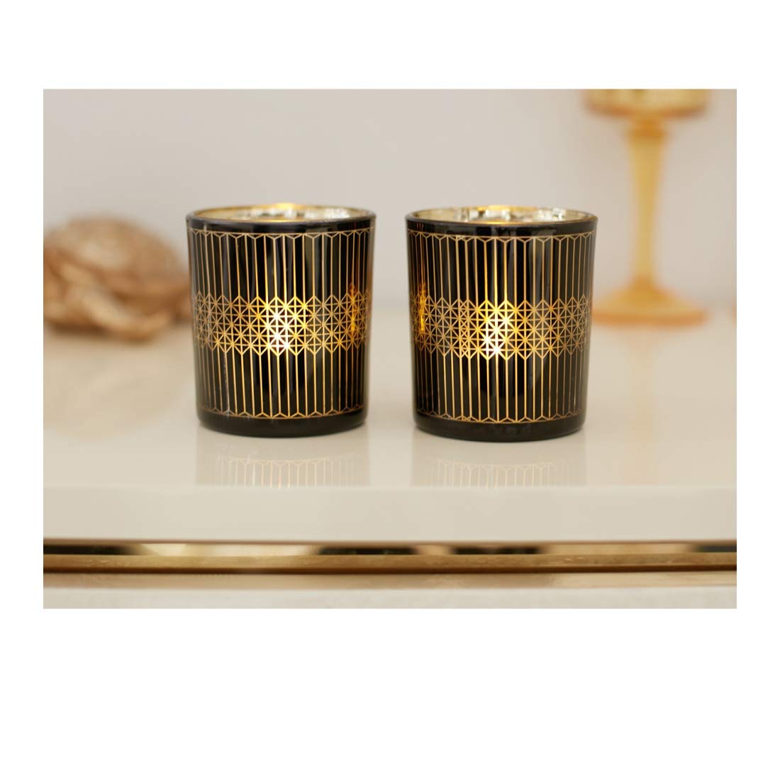 Buy Zahara Set of 2 Geo Candle Holder in Black Gold Colour by HomeTown