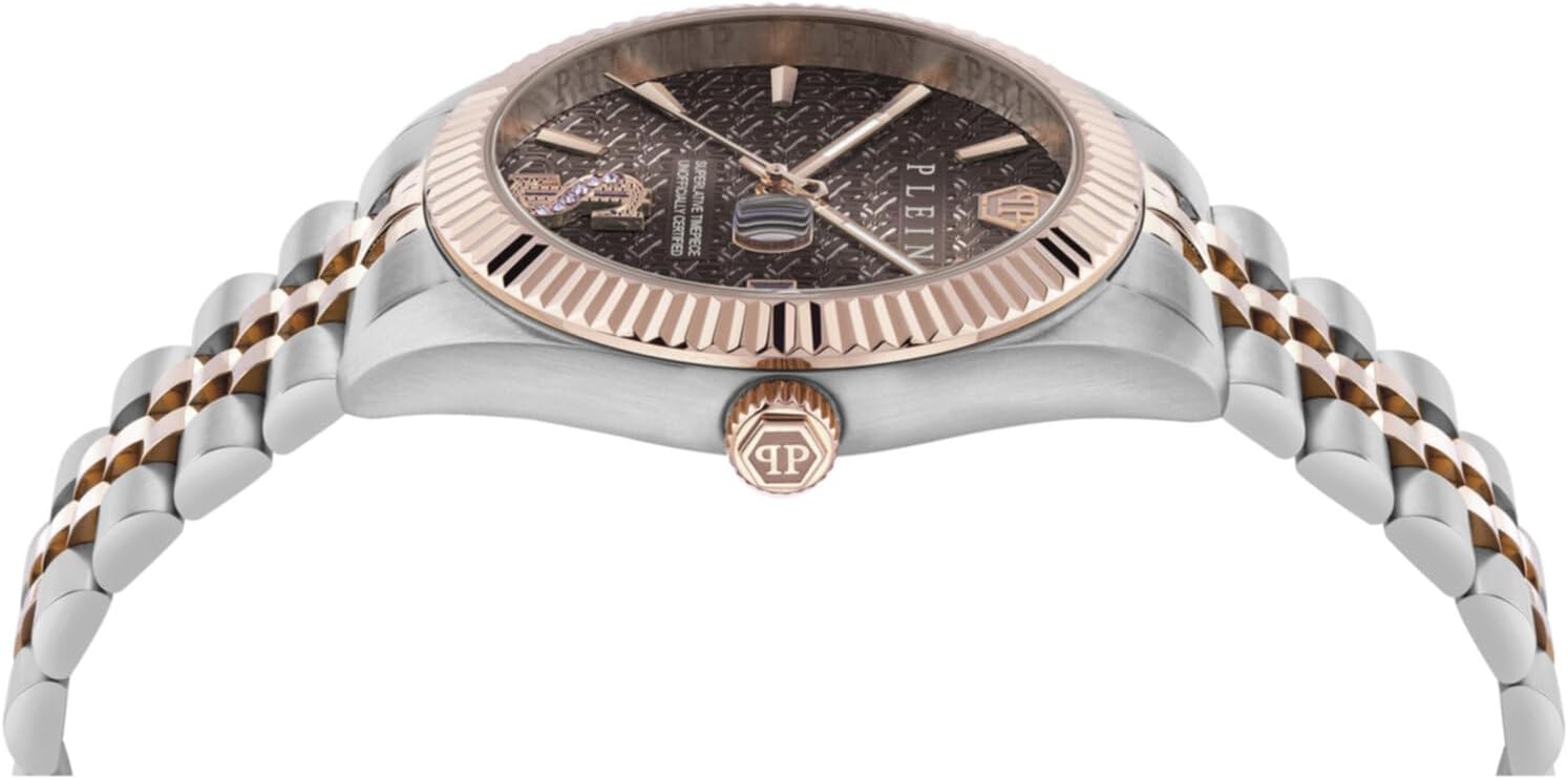 Philipp Plein Date Superlative Collection Luxury Mens Watch Timepieces with a Two Tone Bracelet and Case Featuring a Brown Dial
