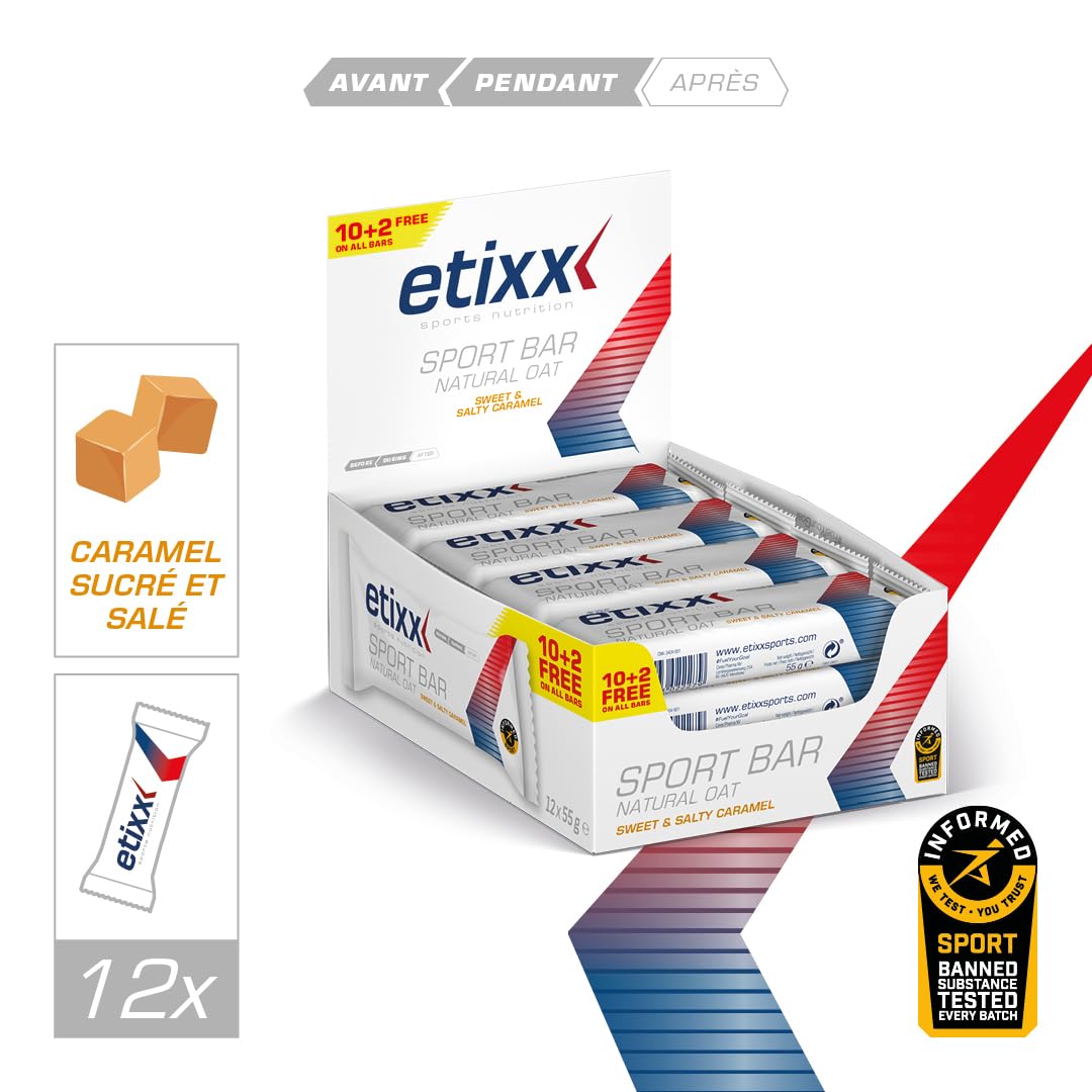 Etixx Natural Oat Sport Bar - Saveur Caramel Sucré et Salé, 12 x 55g - Barre Énergétique Naturelle à Base d'Avoine, Idéale pour Sports d'Endurance