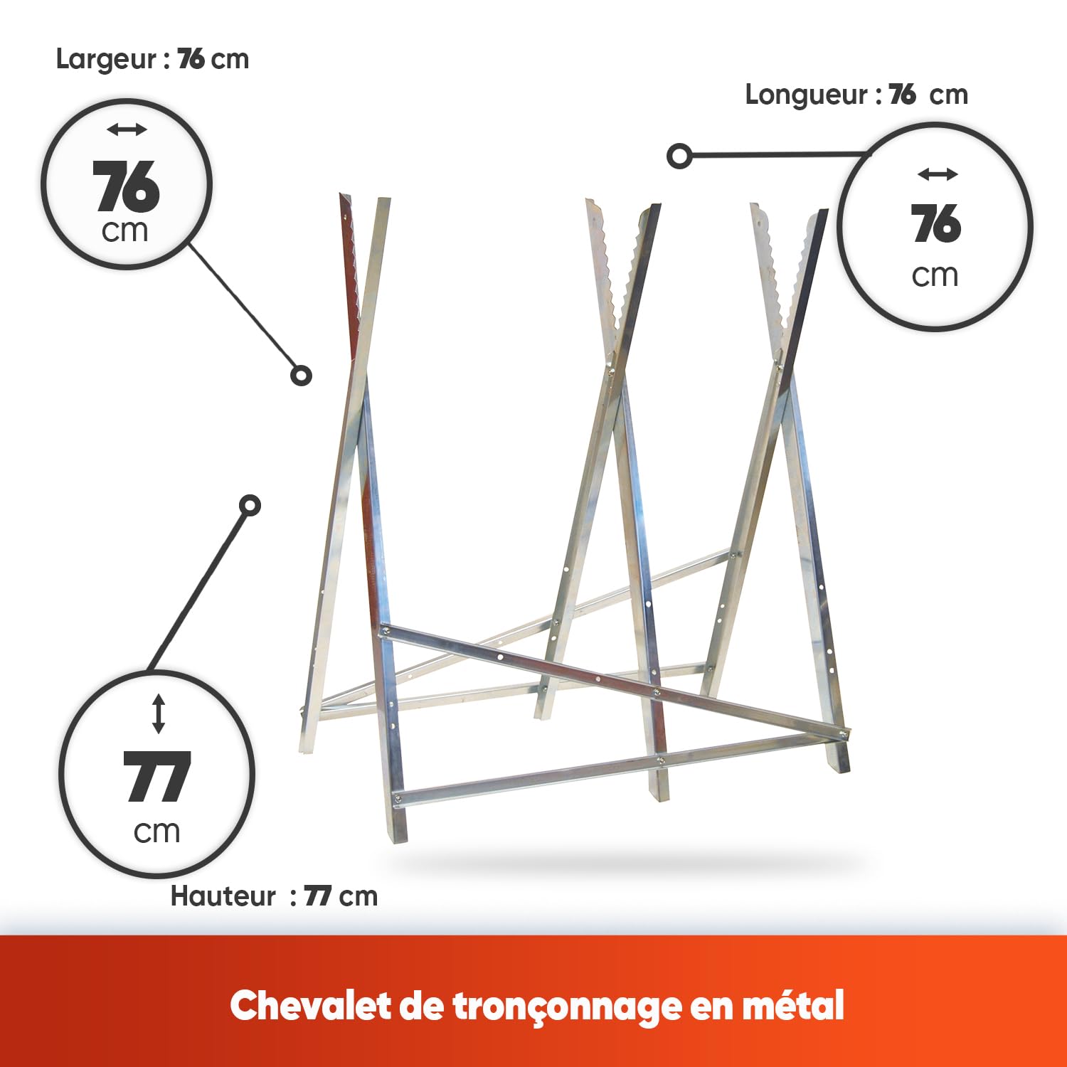 OZAKI - Chevalet De Tronçonnage En Métal Avec Dents Réglable - 3 Trétaux Pour Sciage Et Coupe De Bûche - Longeur 76 cm - Largeur 76 cm - Hauteur 77 cm