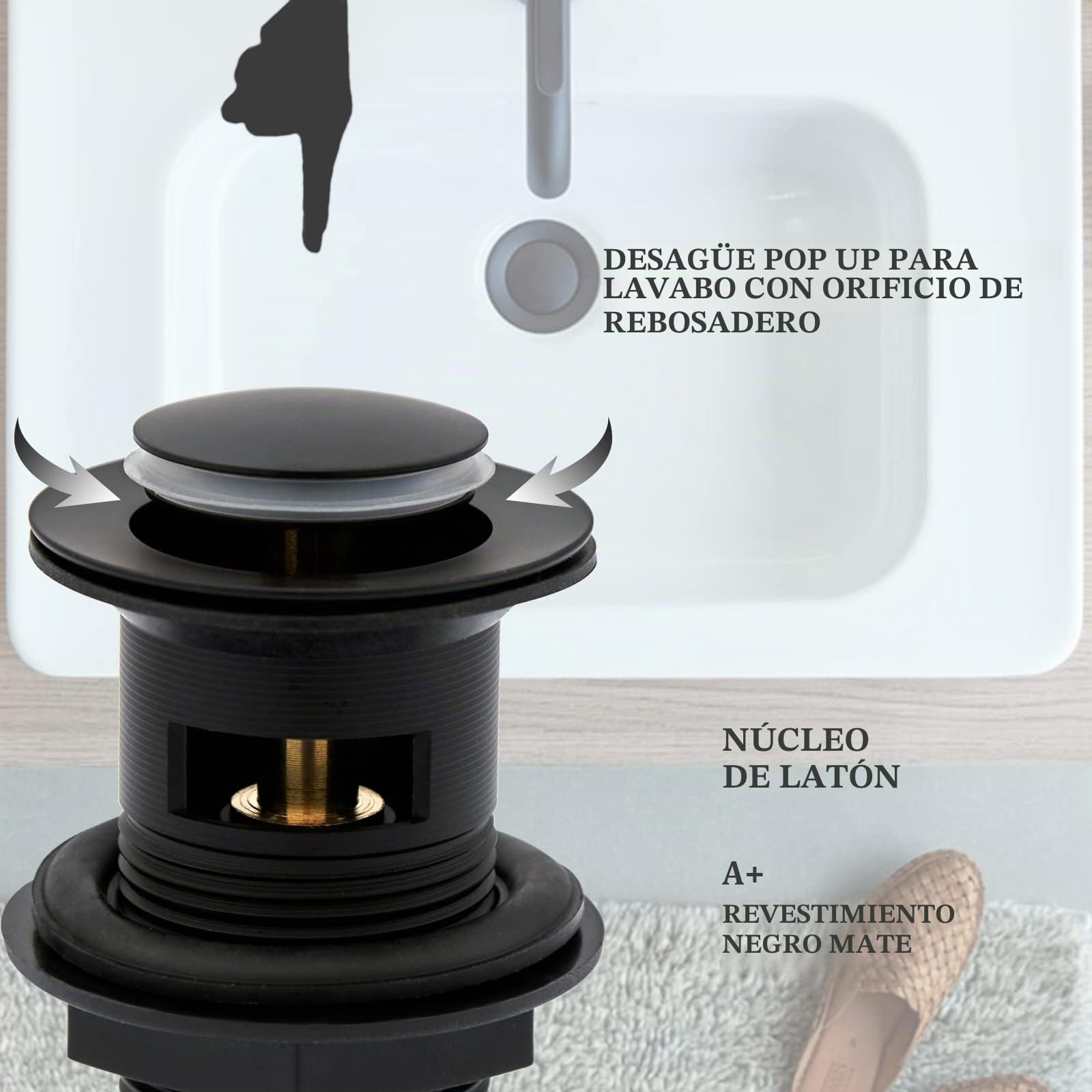 Grifo de lavabo negro mate con desagüe, grifo de lavabo de cascada con desagüe, grifo monobloque de latón negro con tapón de fregadero 112NBK